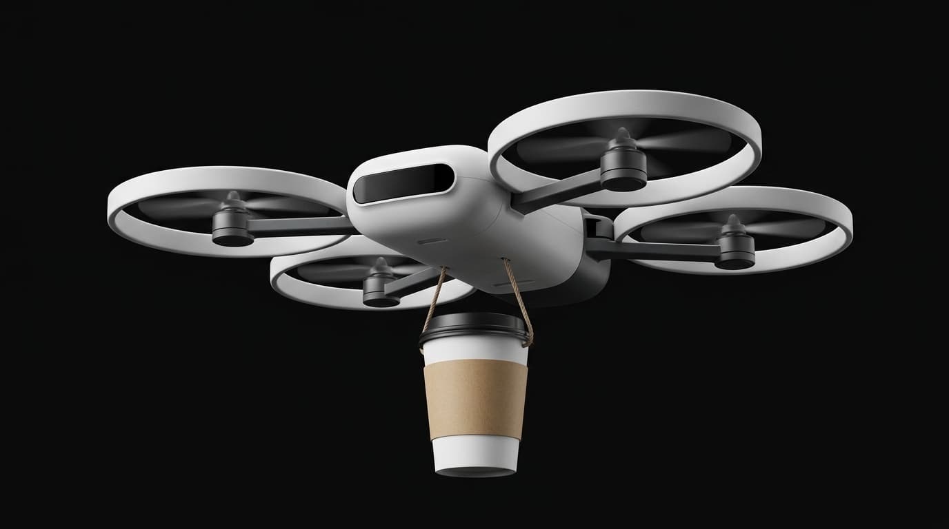 A small white drone with four guarded rotors carrying a takeaway coffee cup
